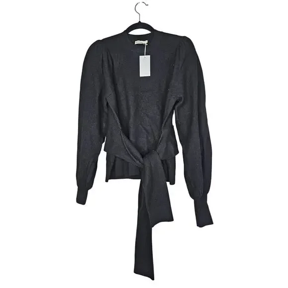 NEW Ulla Johnson P Rubi Pullover Black Merino Wool Tie Front Sweater Minimalist